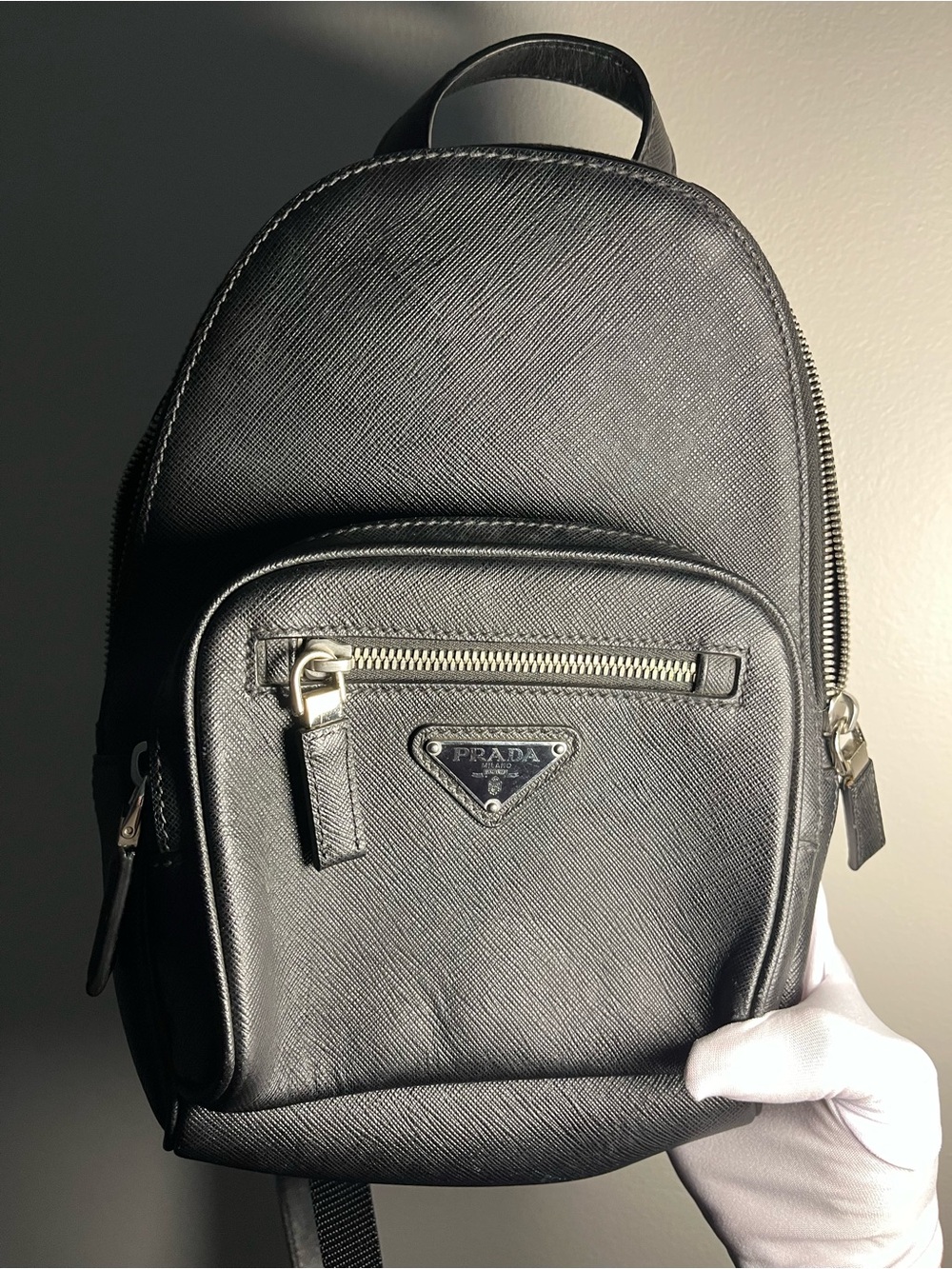 Prada Black Saffiano Mini Backpack with Silver Hardware